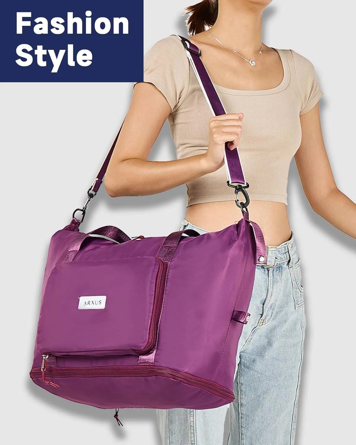 Folding Travel Bag Carry on Bags for Airplanes with Detachable Adjustable Shoulder Strap Light Weight Travel Duffle Bag for Women with Suitcase Sleeve 17x11x9 inch
