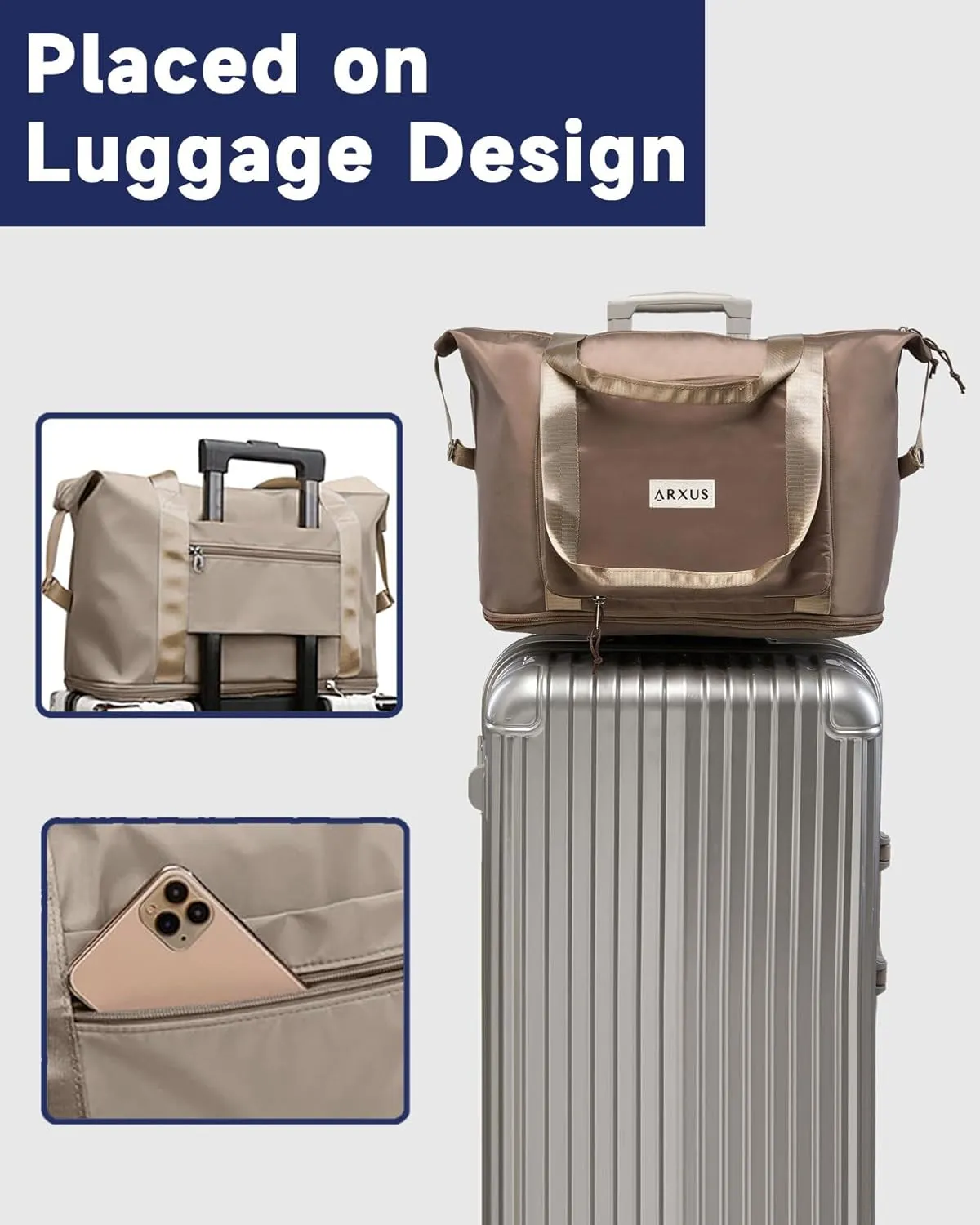 Folding Travel Bag Carry on Bags for Airplanes with Detachable Adjustable Shoulder Strap Light Weight Travel Duffle Bag for Women with Suitcase Sleeve 17x11x9 inch
