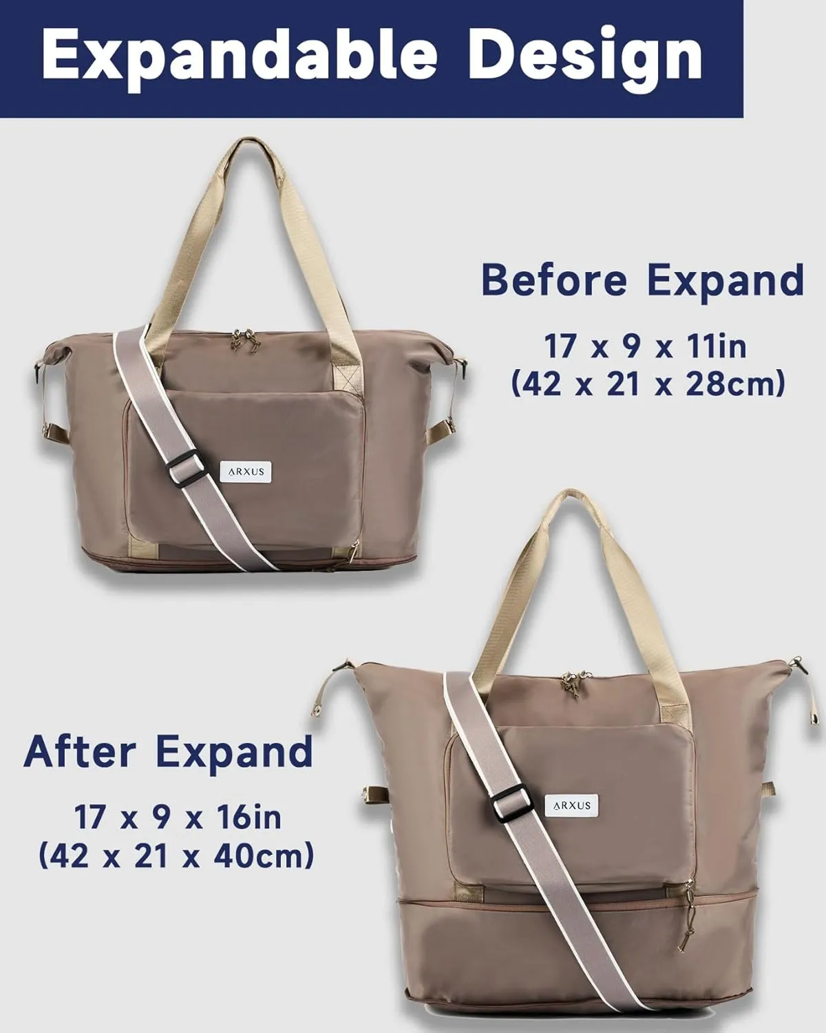 Folding Travel Bag Carry on Bags for Airplanes with Detachable Adjustable Shoulder Strap Light Weight Travel Duffle Bag for Women with Suitcase Sleeve 17x11x9 inch