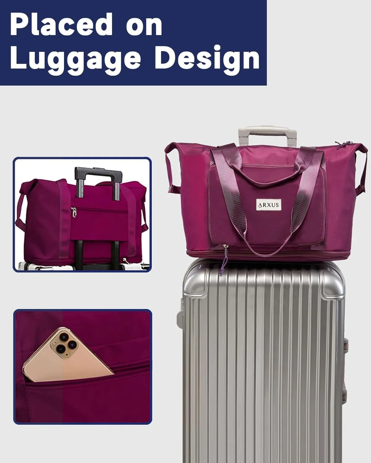 Folding Travel Bag Carry on Bags for Airplanes with Detachable Adjustable Shoulder Strap Light Weight Travel Duffle Bag for Women with Suitcase Sleeve 17x11x9 inch
