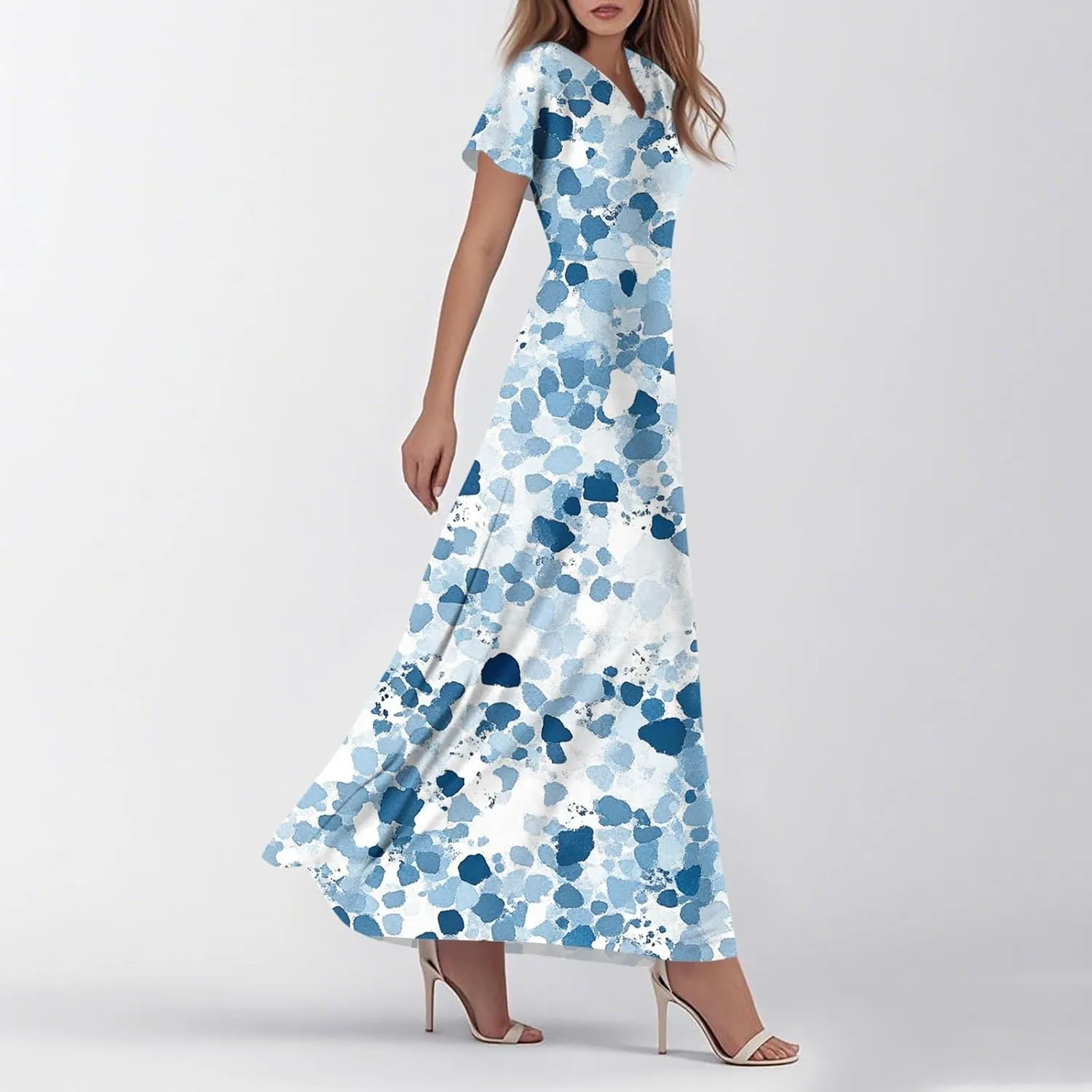 Formal Dresses for Women,Women's Loose Casual V-Neck Short Sleeved High Waisted Print Chiffon Dress