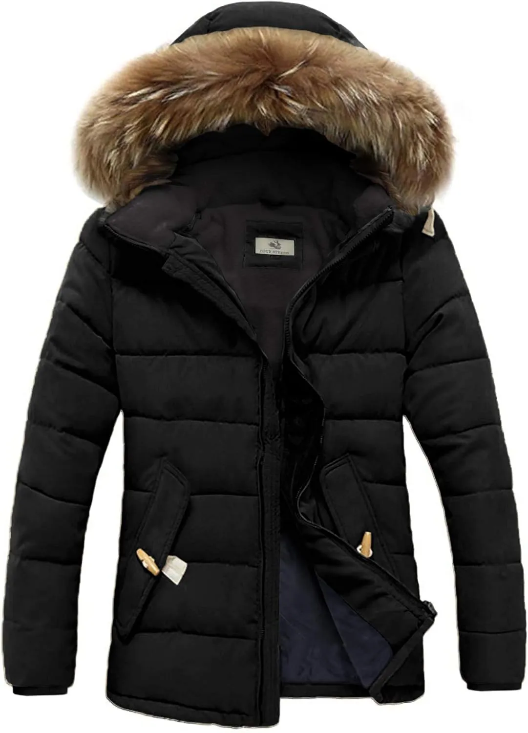 FOURSTEEDS Womens Light Weight Down Coat with Fur Hood Parka Puffer Jacket Coat with Pockets Black XL