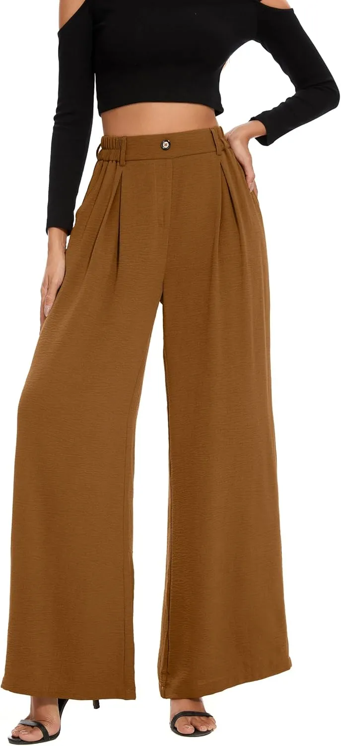 FUNYYZO 2025 Women Palazzo Pants High Waist Casual Wide Leg Long Lounge Pull On Trousers with Pocket