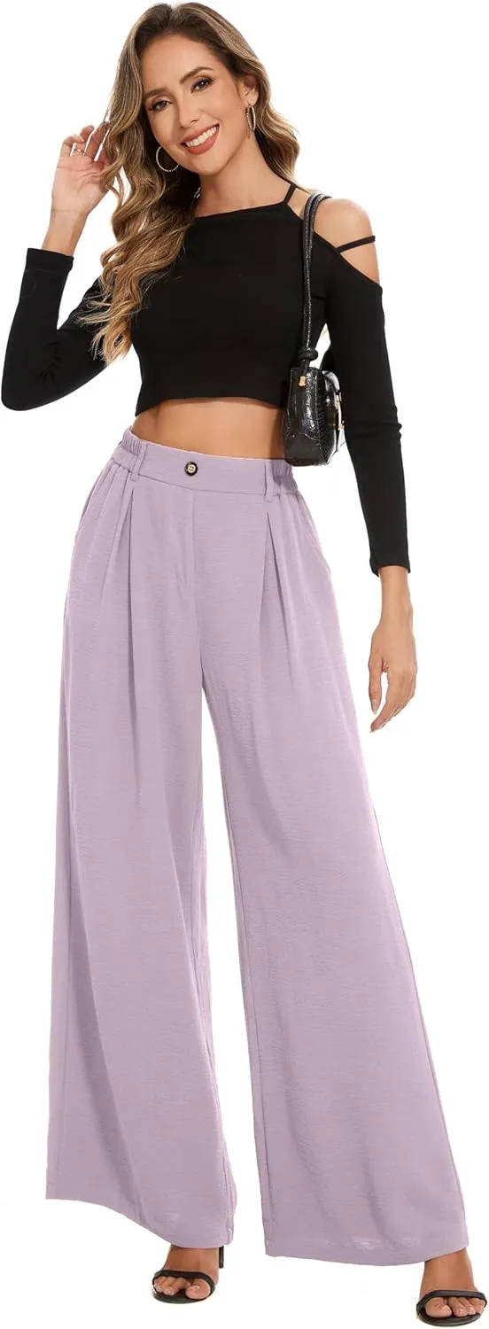 FUNYYZO 2025 Women Palazzo Pants High Waist Casual Wide Leg Long Lounge Pull On Trousers with Pocket