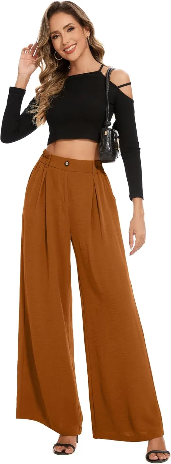 FUNYYZO 2025 Women Palazzo Pants High Waist Casual Wide Leg Long Lounge Pull On Trousers with Pocket