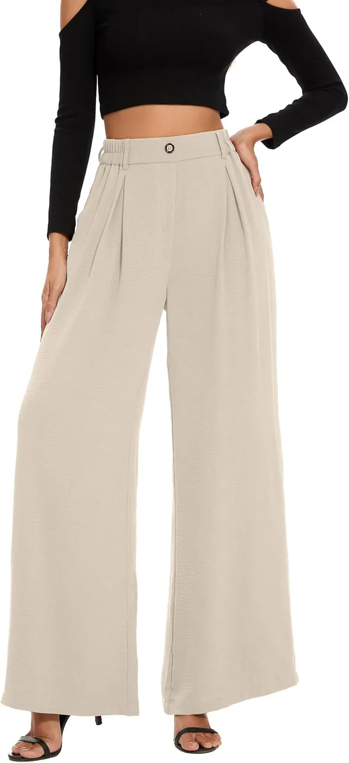 FUNYYZO 2025 Women Palazzo Pants High Waist Casual Wide Leg Long Lounge Pull On Trousers with Pocket
