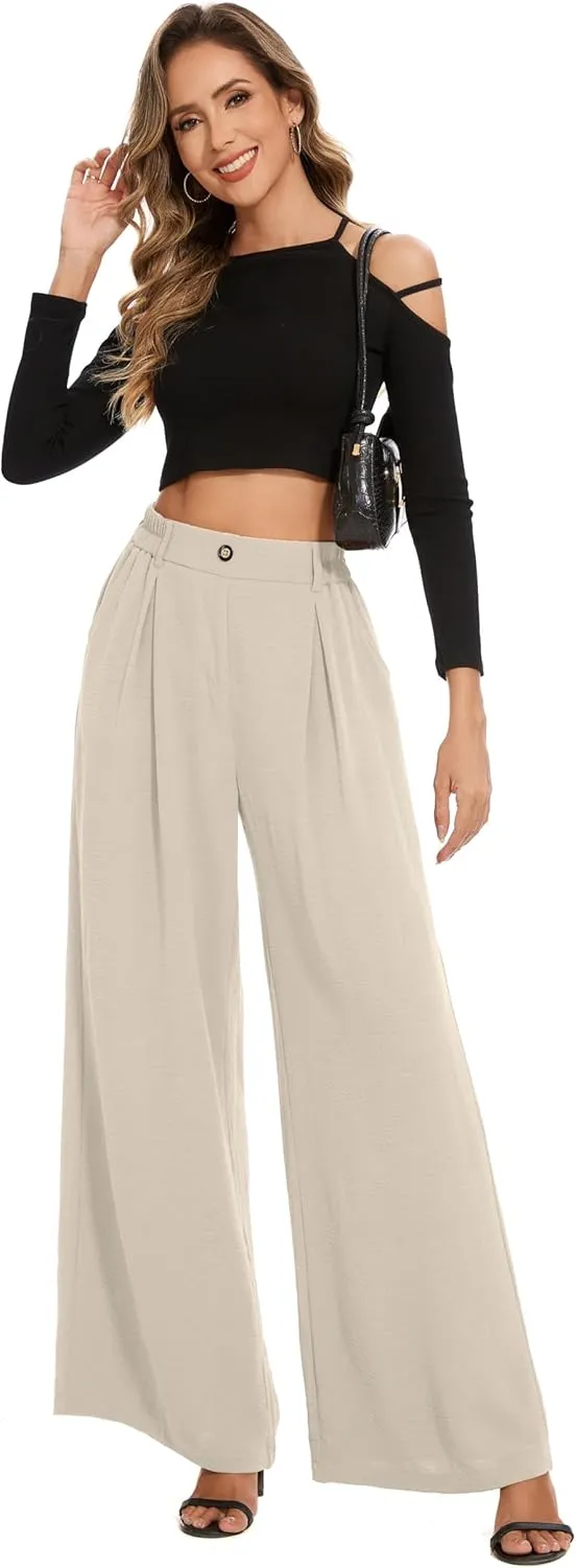 FUNYYZO 2025 Women Palazzo Pants High Waist Casual Wide Leg Long Lounge Pull On Trousers with Pocket