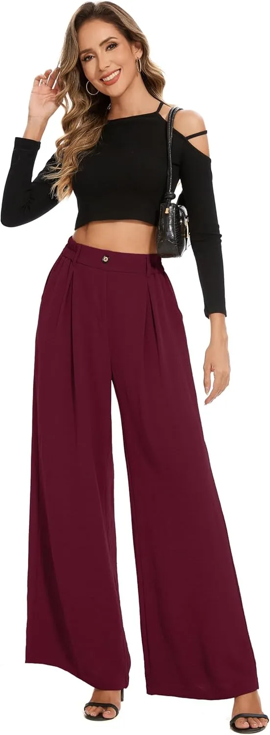 FUNYYZO 2025 Women Palazzo Pants High Waist Casual Wide Leg Long Lounge Pull On Trousers with Pocket