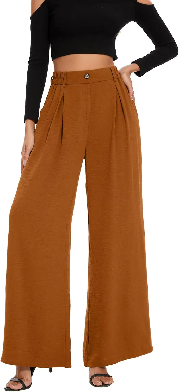FUNYYZO 2025 Women Palazzo Pants High Waist Casual Wide Leg Long Lounge Pull On Trousers with Pocket