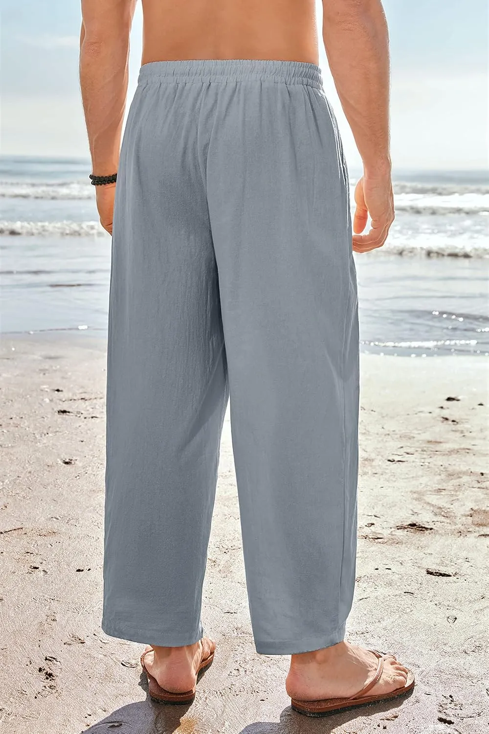 Gafeng Mens Linen Yoga Pants Elastic Waist Drawstring Summer Beach Loose Fit Casual Tapered Trousers