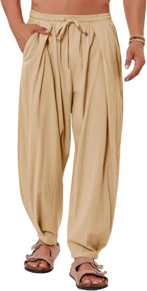 Gafeng Mens Linen Yoga Pants Elastic Waist Drawstring Summer Beach Loose Fit Casual Tapered Trousers