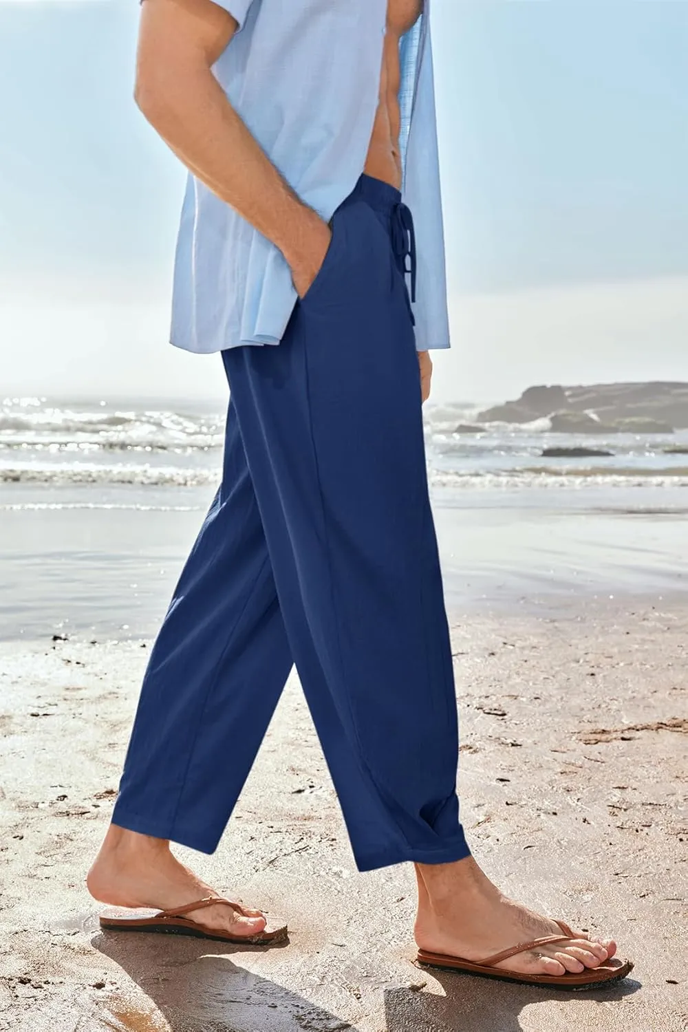 Gafeng Mens Linen Yoga Pants Elastic Waist Drawstring Summer Beach Loose Fit Casual Tapered Trousers