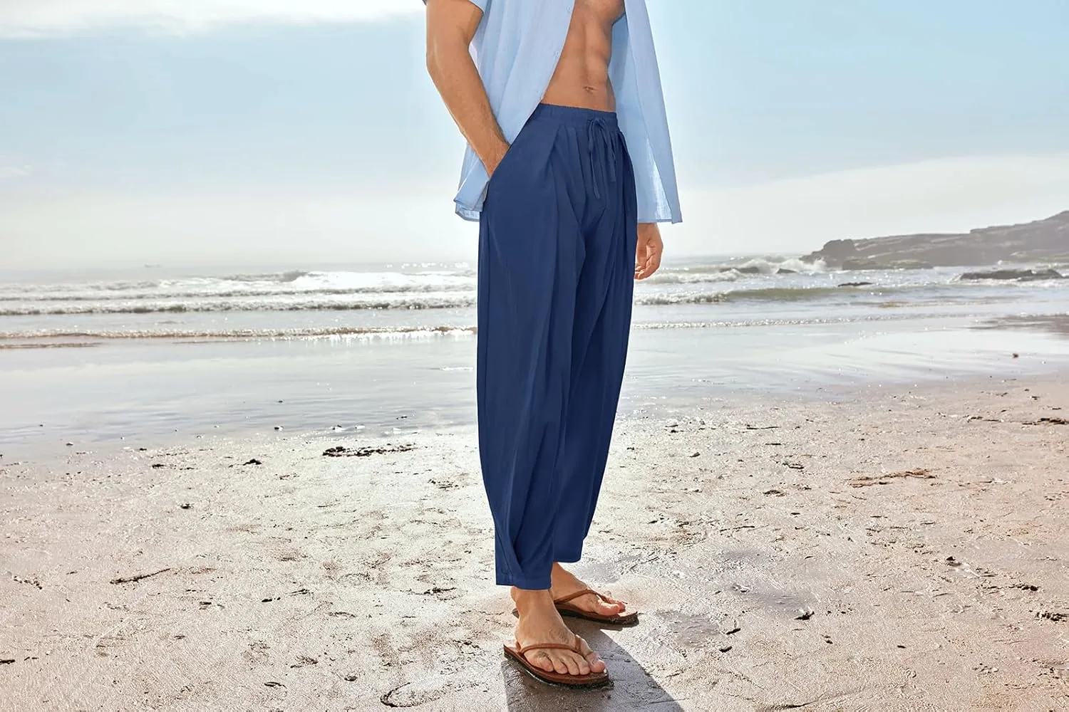 Gafeng Mens Linen Yoga Pants Elastic Waist Drawstring Summer Beach Loose Fit Casual Tapered Trousers