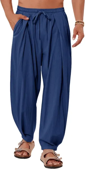 Gafeng Mens Linen Yoga Pants Elastic Waist Drawstring Summer Beach Loose Fit Casual Tapered Trousers