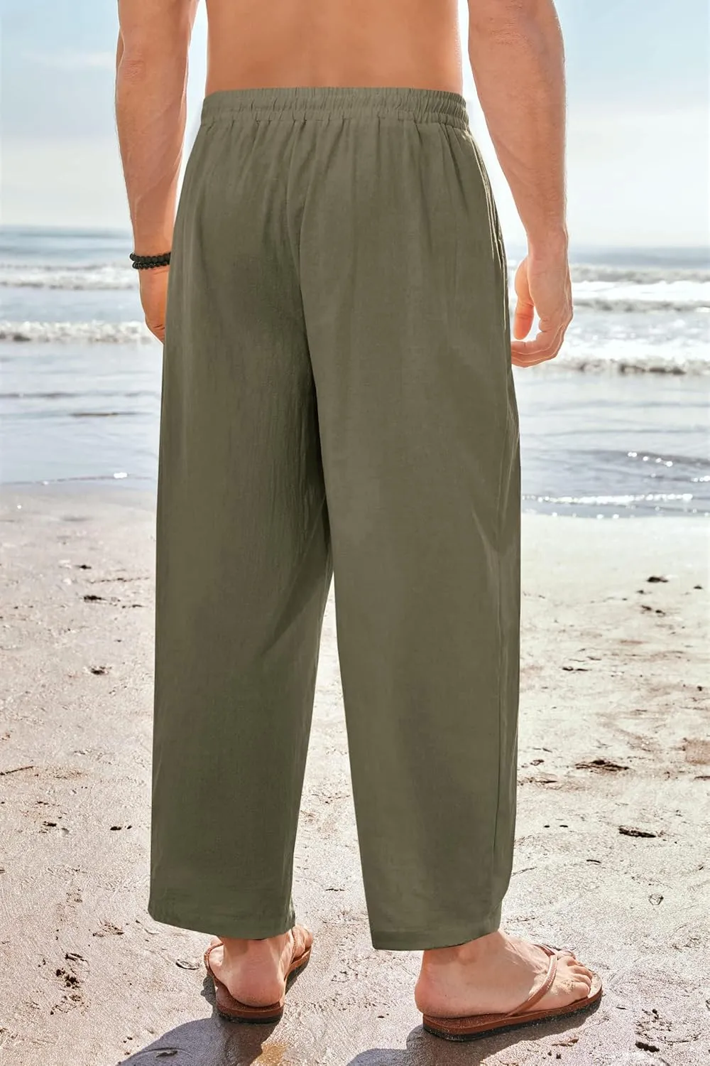 Gafeng Mens Linen Yoga Pants Elastic Waist Drawstring Summer Beach Loose Fit Casual Tapered Trousers