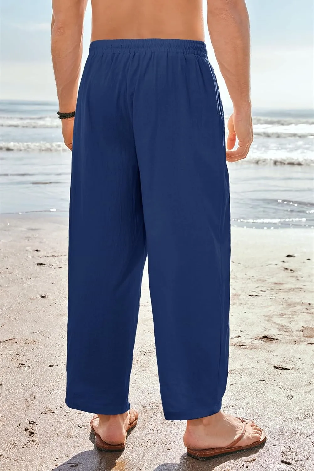 Gafeng Mens Linen Yoga Pants Elastic Waist Drawstring Summer Beach Loose Fit Casual Tapered Trousers