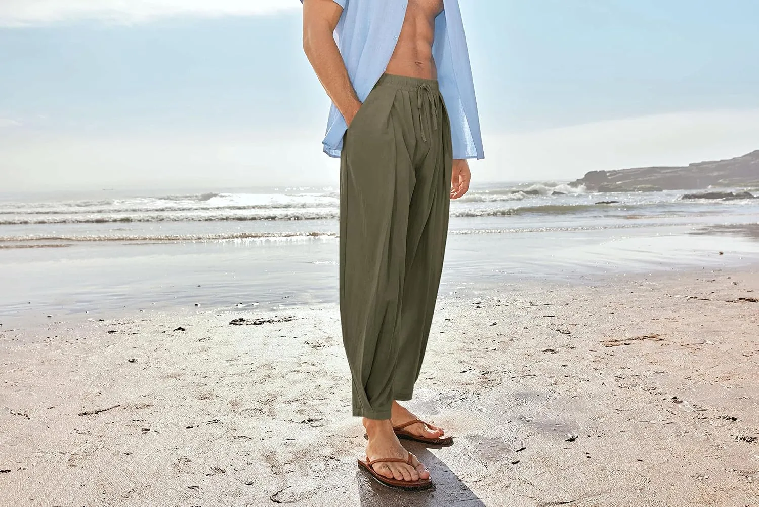 Gafeng Mens Linen Yoga Pants Elastic Waist Drawstring Summer Beach Loose Fit Casual Tapered Trousers