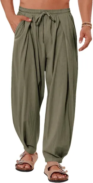Gafeng Mens Linen Yoga Pants Elastic Waist Drawstring Summer Beach Loose Fit Casual Tapered Trousers