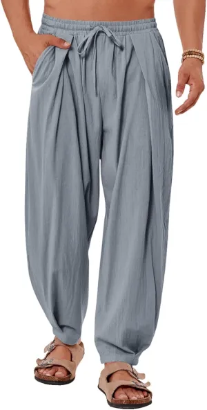 Gafeng Mens Linen Yoga Pants Elastic Waist Drawstring Summer Beach Loose Fit Casual Tapered Trousers
