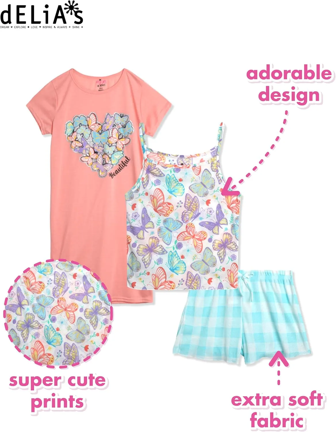 Girls' Pajama Set - 3 Piece Short Sleeve Sleep Shirt, Lounge Pajama Shorts, and Nightgown - Girls' Sleepwear (7-16)