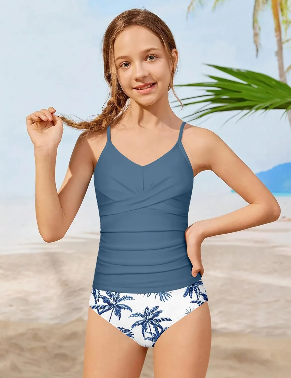 Girls Swimsuit 2 Piece Bathing Suit Criss Cross Ruched Girl Tankini Sets Printed Girls' Swimwear for 9-18 Years