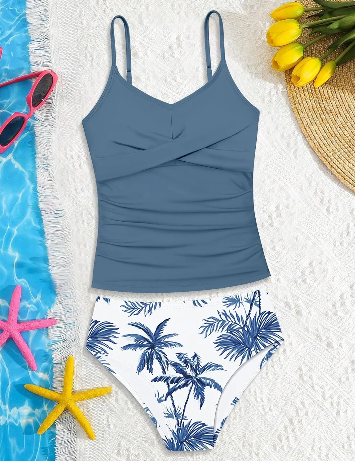 Girls Swimsuit 2 Piece Bathing Suit Criss Cross Ruched Girl Tankini Sets Printed Girls' Swimwear for 9-18 Years