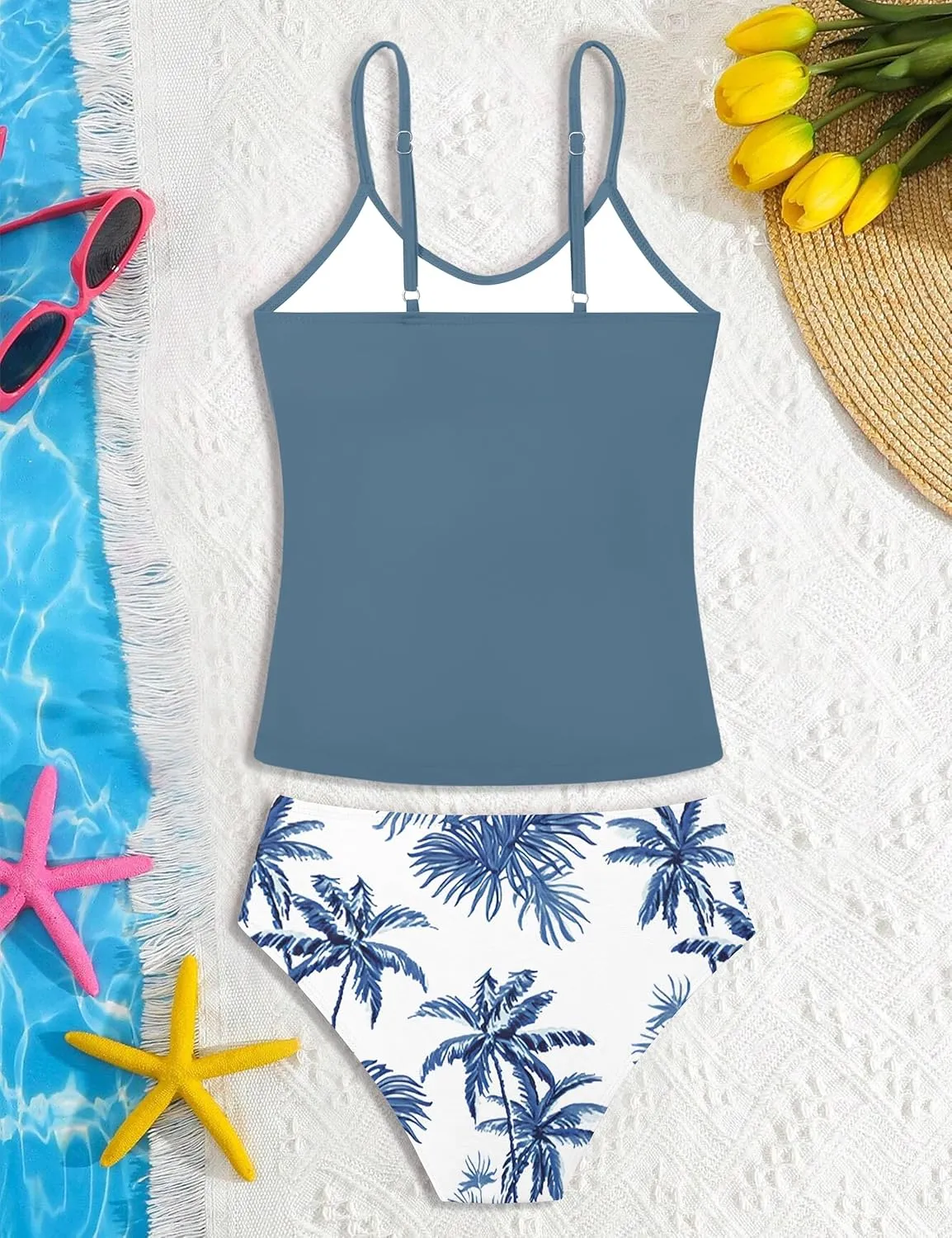 Girls Swimsuit 2 Piece Bathing Suit Criss Cross Ruched Girl Tankini Sets Printed Girls' Swimwear for 9-18 Years