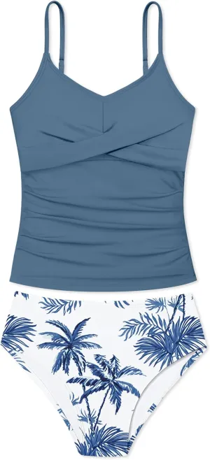 Girls Swimsuit 2 Piece Bathing Suit Criss Cross Ruched Girl Tankini Sets Printed Girls' Swimwear for 9-18 Years