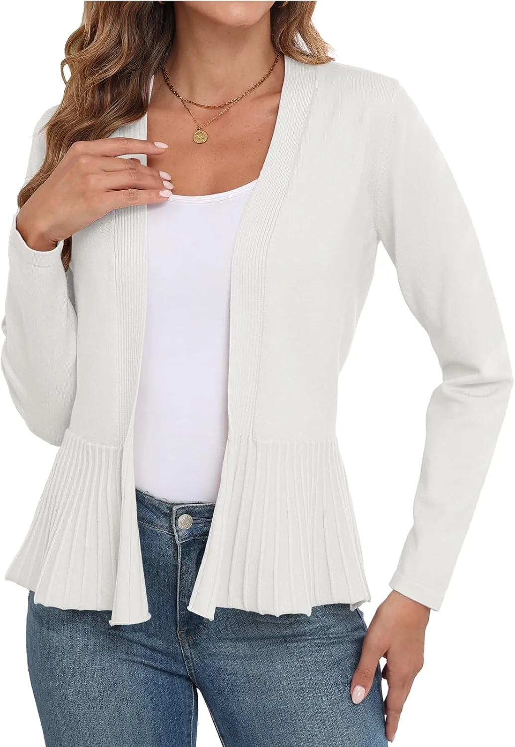 GRECERELLE Women Lightweight Casual Long Sleeves Cropped Cardigan Open Front Peplum Knit Sweater Outwear