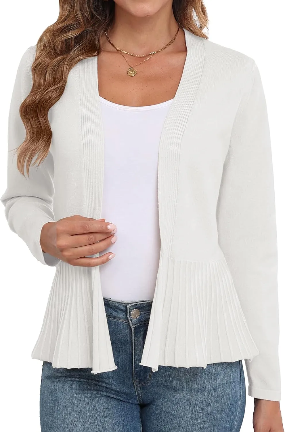 GRECERELLE Women Lightweight Casual Long Sleeves Cropped Cardigan Open Front Peplum Knit Sweater Outwear