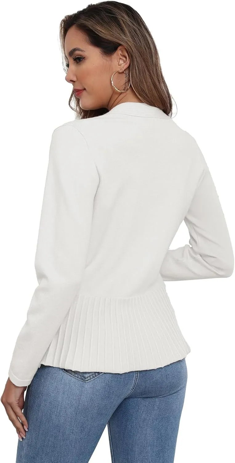 GRECERELLE Women Lightweight Casual Long Sleeves Cropped Cardigan Open Front Peplum Knit Sweater Outwear