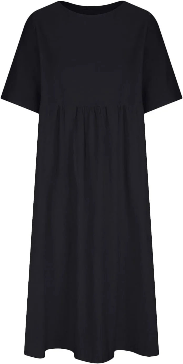 Half Sleeve Cotton Linen A-Line Dress Women Crewneck Casual Loose Midi Dress Summer High Waist Modest Flowy Dresses