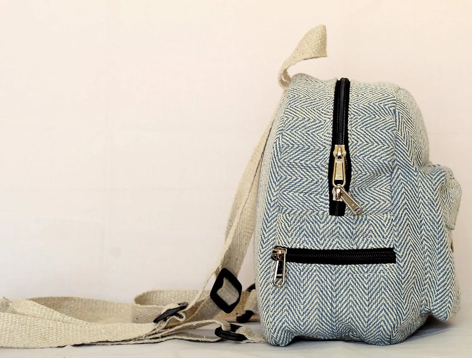 Handmade Hemp Mini Backpack For Girls Light Weight Washable Small Bag for everyday lives (BLUE)