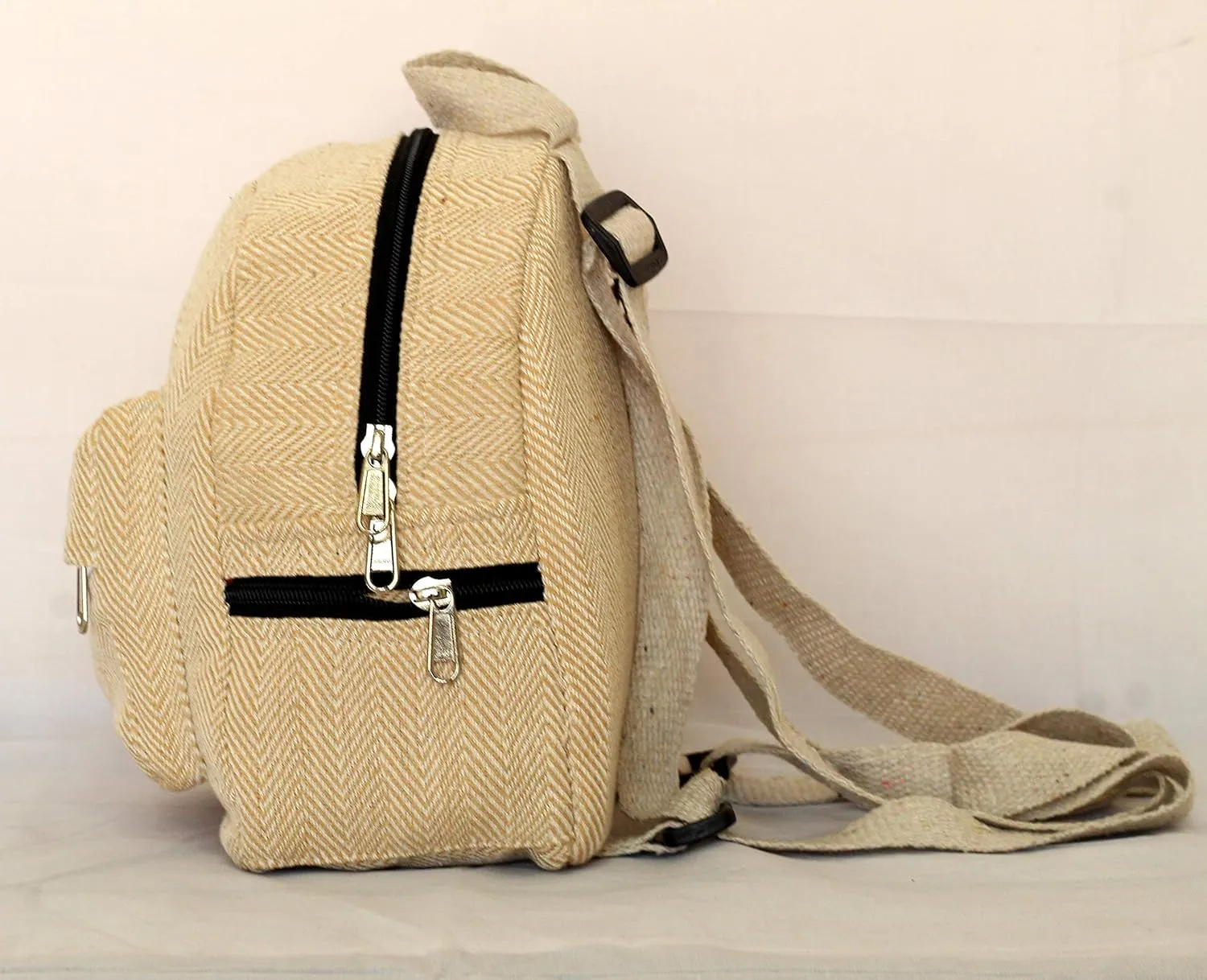 Handmade Hemp Mini Backpack For Women Light Weight Washable Small Bag for everyday lives (BEIGE)