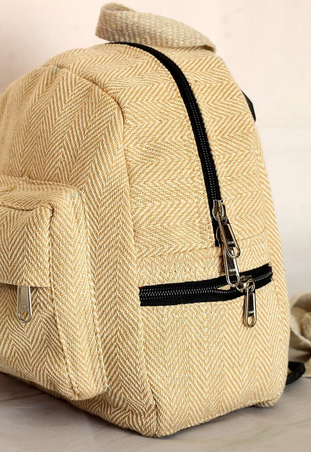 Handmade Hemp Mini Backpack For Women Light Weight Washable Small Bag for everyday lives (BEIGE)