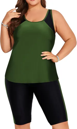 Hanna Nikole Women's Plus Size Tummy Control Tankini Swimsuits Color Block Bathing Suits with Shorts Knee Length