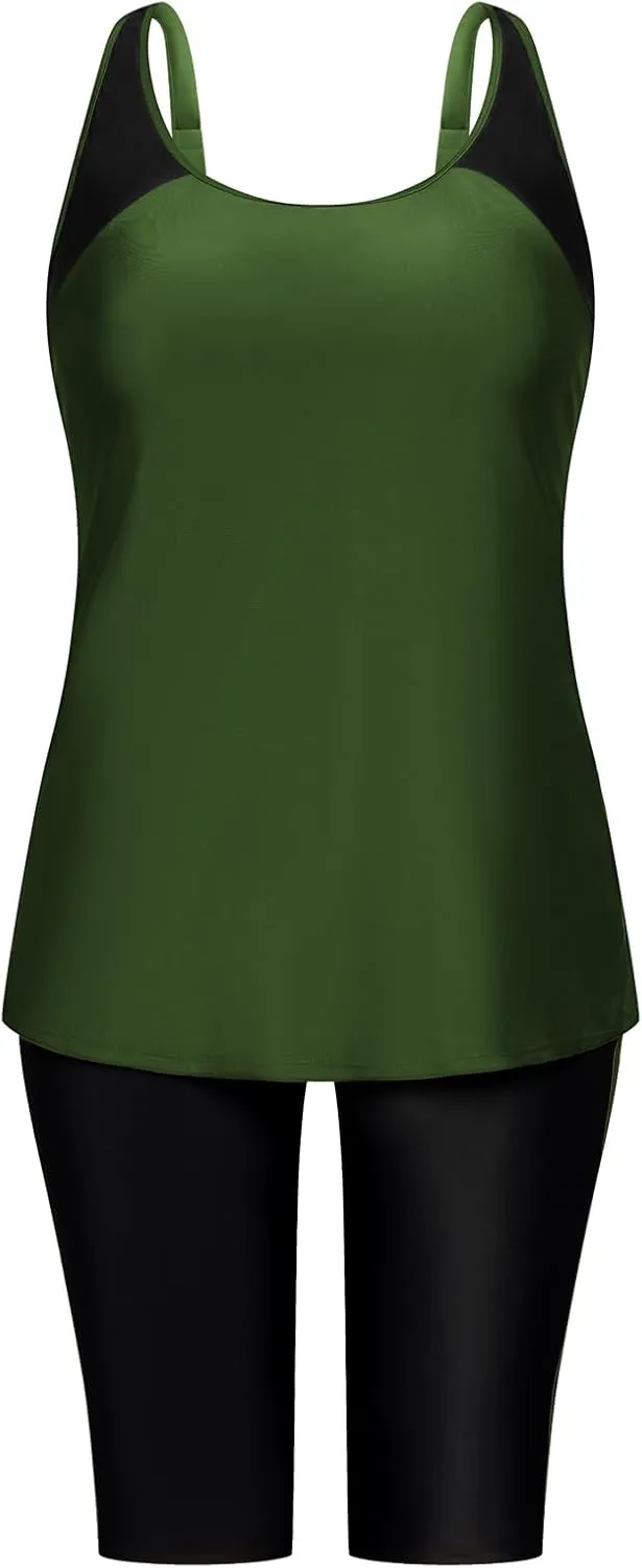 Hanna Nikole Women's Plus Size Tummy Control Tankini Swimsuits Color Block Bathing Suits with Shorts Knee Length