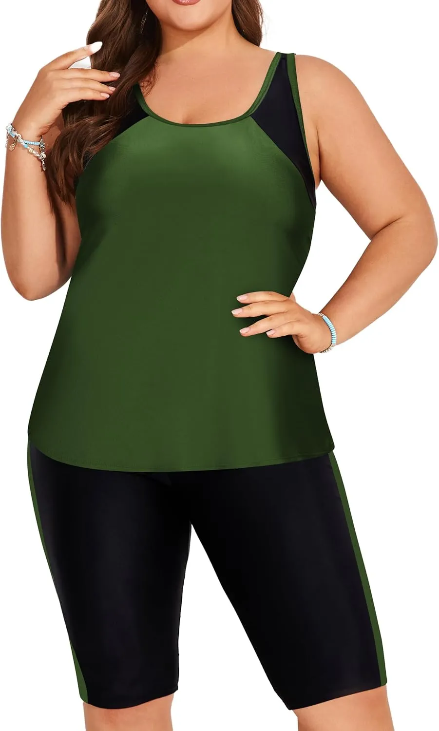 Hanna Nikole Women's Plus Size Tummy Control Tankini Swimsuits Color Block Bathing Suits with Shorts Knee Length