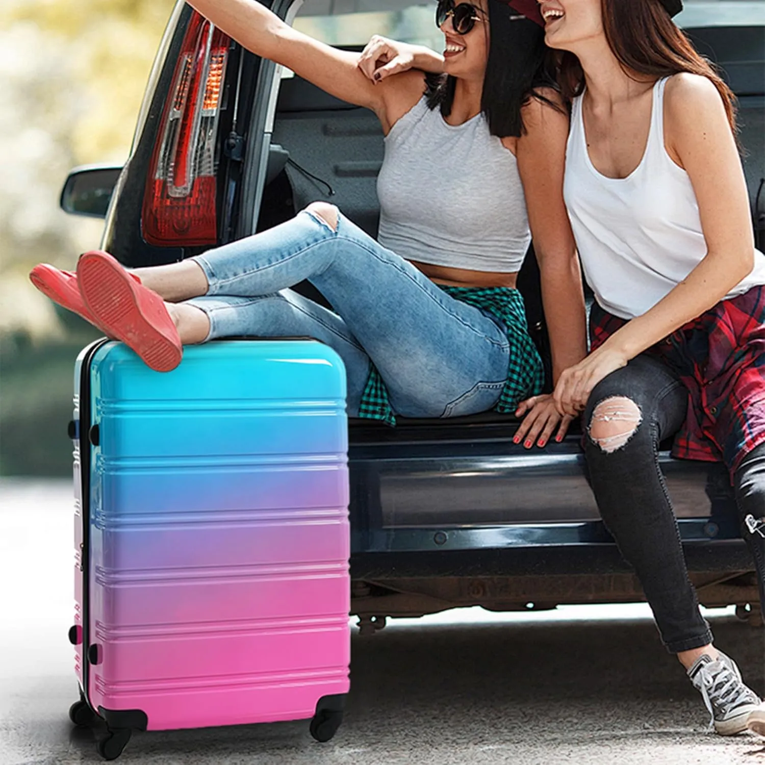 Hardshell Luggage Sets 3 Piece Gradient Color Expandable Suitcase with Spinner Wheels and TSA Lock Light weight 20" 24" 28" Available (Blue Red)