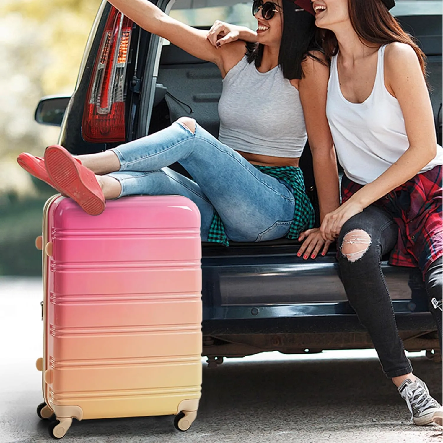 Hardshell Luggage Sets 3 Piece Gradient Color Expandable Suitcase with Spinner Wheels and TSA Lock Light weight 20" 24" 28" Available (Pink and Yellow)