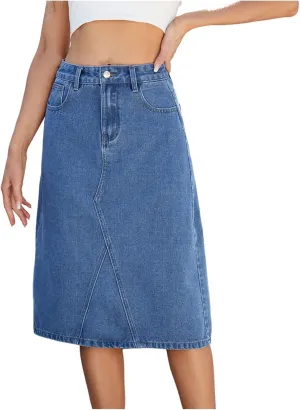 HGps8w Womens A-Line Denim Mini Skirts Loose Summer High Waisted Casual Midi Skirt with Pockets