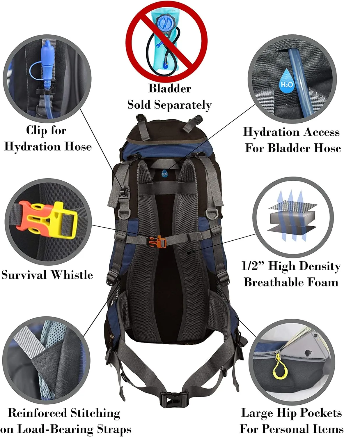 Hiking Backpack 50L, Water Resistant Light-Weight Day Pack for Backpacking Camping and Travel