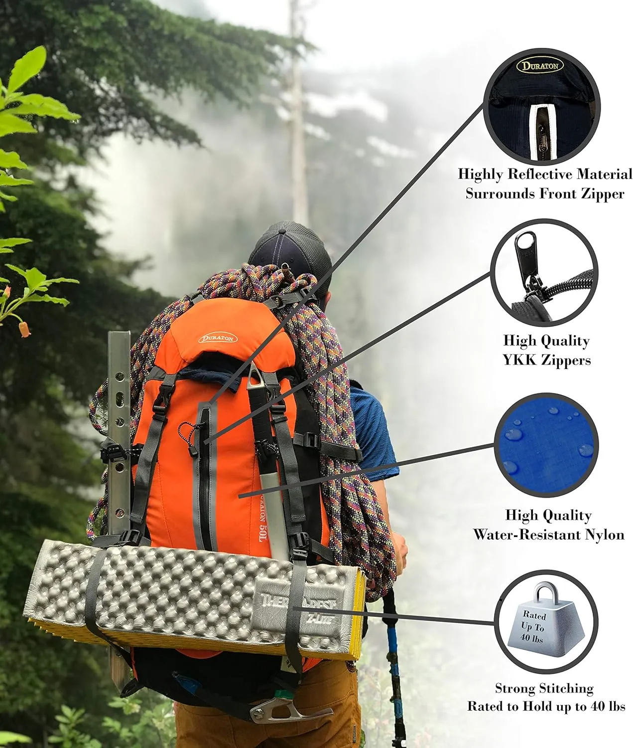 Hiking Backpack 50L, Water Resistant Light-Weight Day Pack for Backpacking Camping and Travel