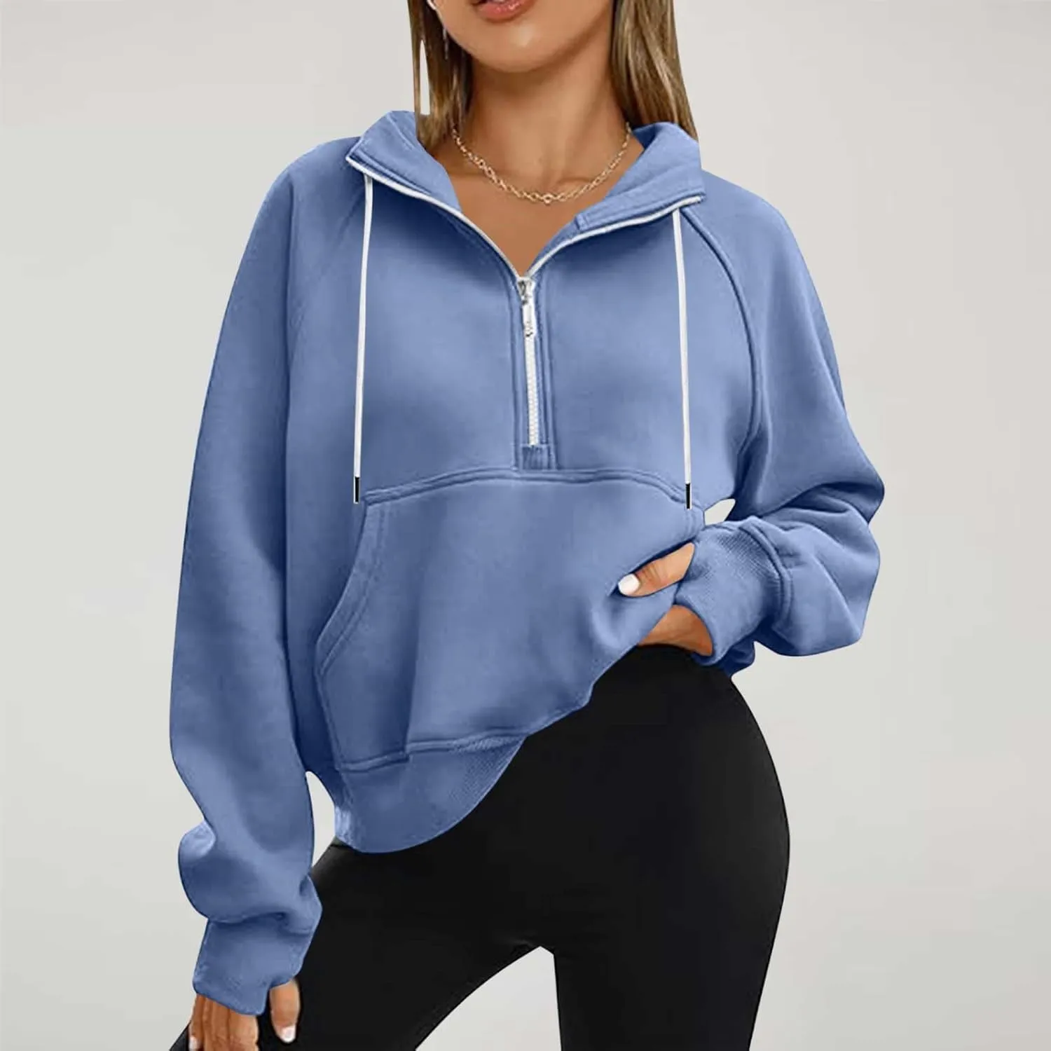 Hoodies for Women Crop Zip Up Sweatshirts Casual Loose Fit Pullover Womens Fashion Vacation Party Tops Thumb Hole