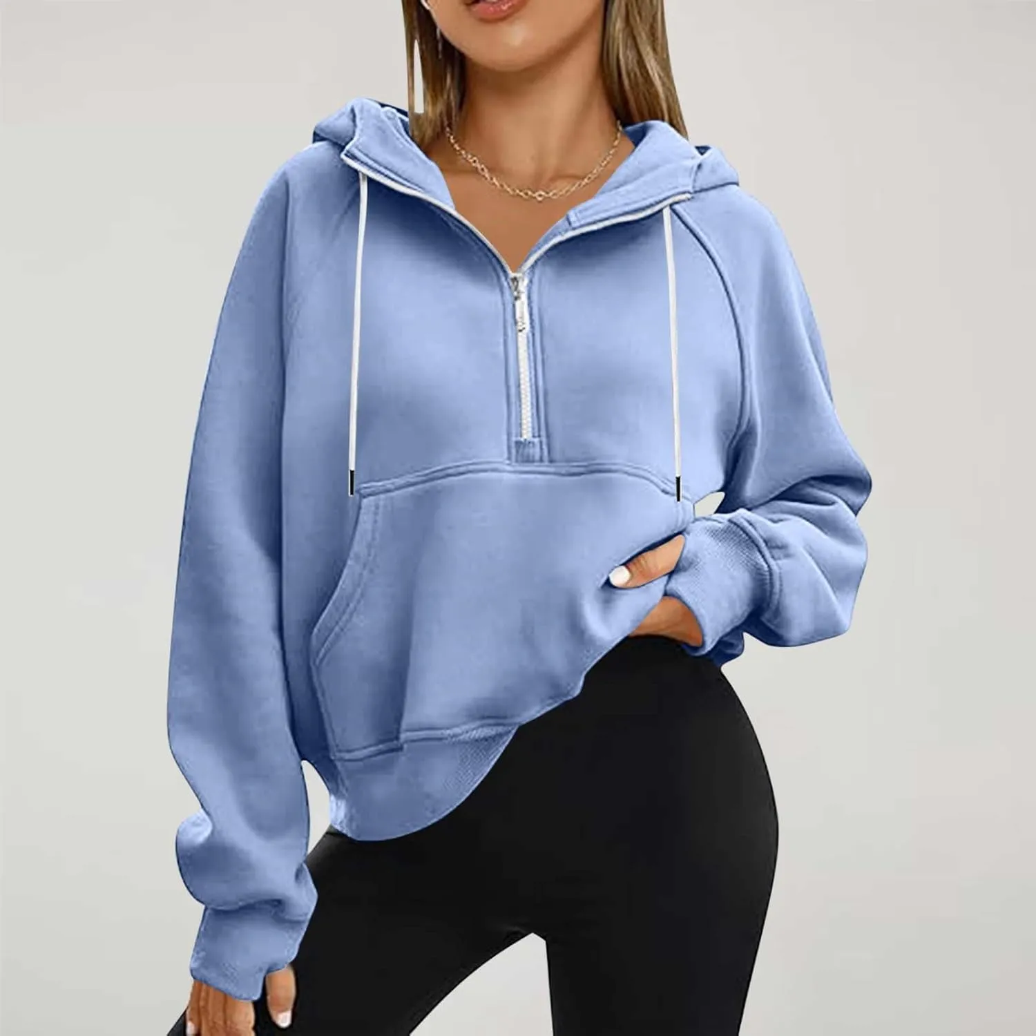 Hoodies for Women Crop Zip Up Sweatshirts Casual Loose Fit Pullover Womens Fashion Vacation Party Tops Thumb Hole
