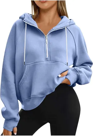 Hoodies for Women Crop Zip Up Sweatshirts Casual Loose Fit Pullover Womens Fashion Vacation Party Tops Thumb Hole