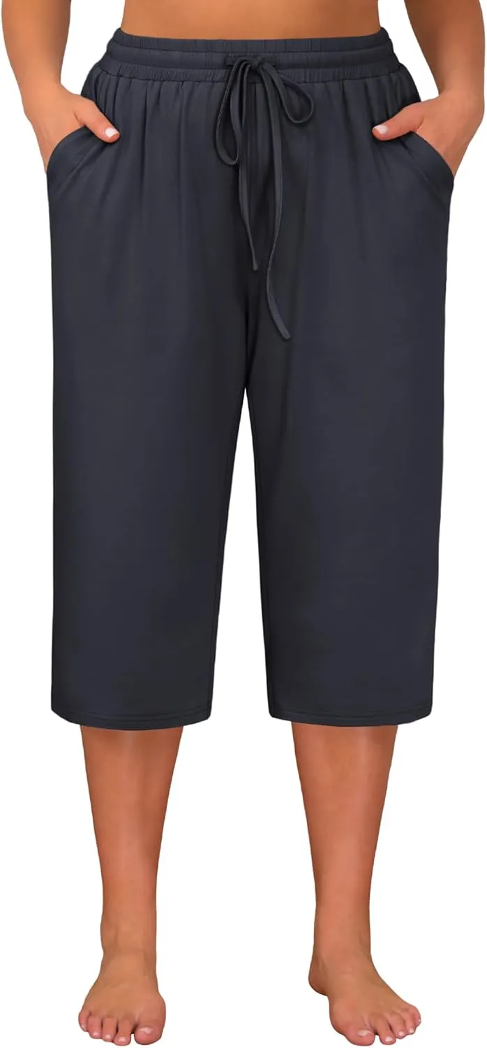 Huukeay 3 Pack Women's Plus Size Capris, Drawstring Cotton Yoga Capri Sweatpants Summer Casual Loose Cropped Pant with Pocket