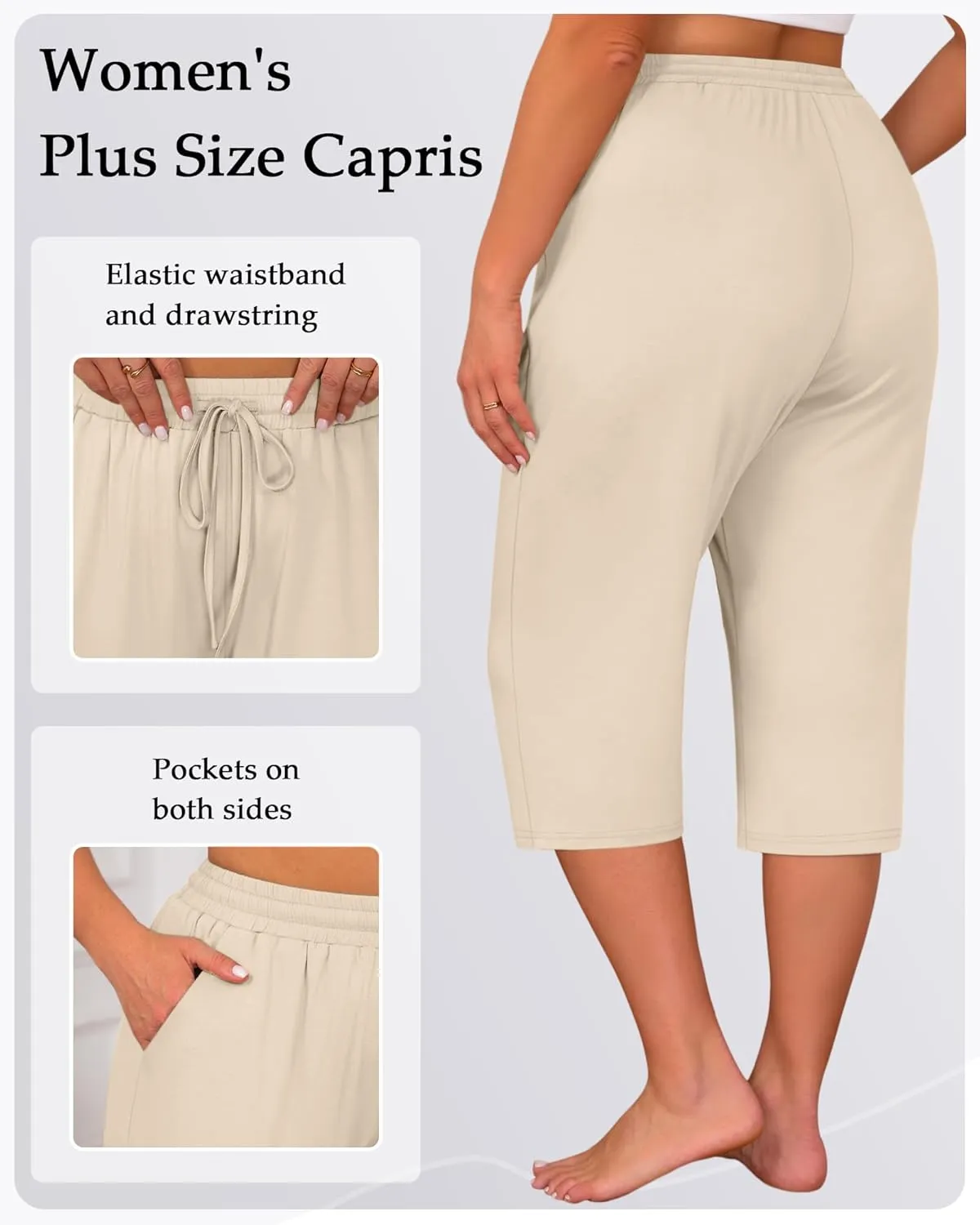 Huukeay 3 Pack Women's Plus Size Capris, Drawstring Cotton Yoga Capri Sweatpants Summer Casual Loose Cropped Pant with Pocket