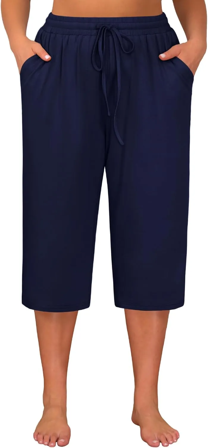 Huukeay 3 Pack Women's Plus Size Capris, Drawstring Cotton Yoga Capri Sweatpants Summer Casual Loose Cropped Pant with Pocket