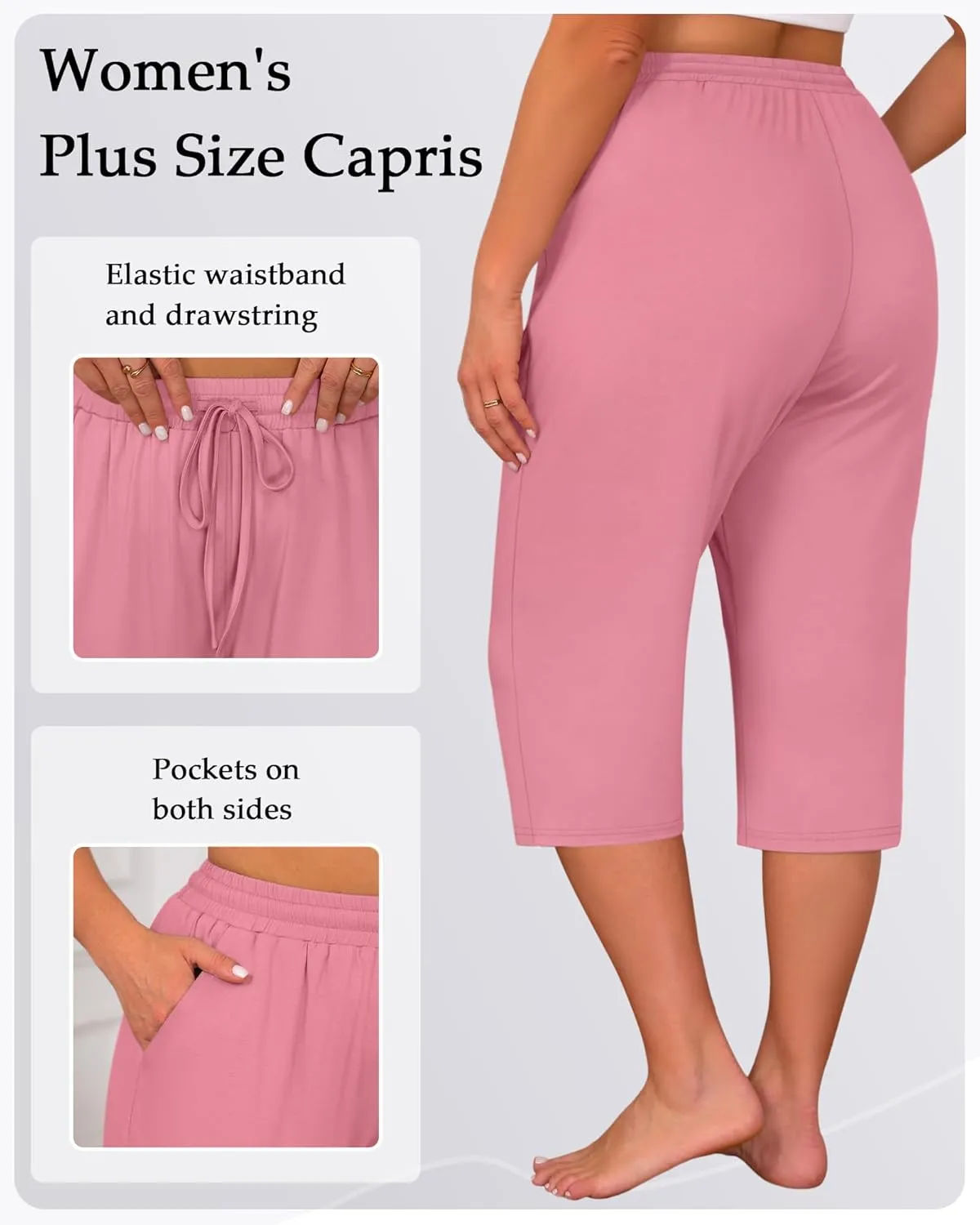 Huukeay 3 Pack Women's Plus Size Capris, Drawstring Cotton Yoga Capri Sweatpants Summer Casual Loose Cropped Pant with Pocket
